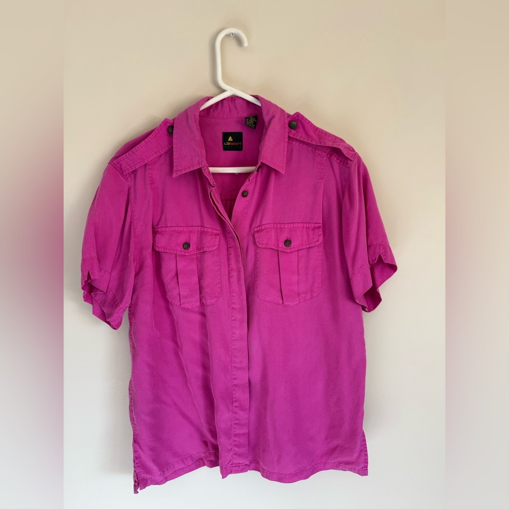 Vintage 1990s LizWear LizSport Magenta Safari Shirt Blouse Large Petite